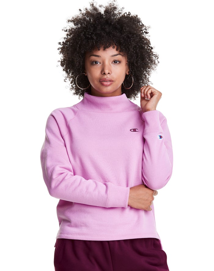 Champion Womens Sweatshirt NZ - Powerblend Fleece Mock Neck Embroidered Logo Pink ( 7813-RKNOY )